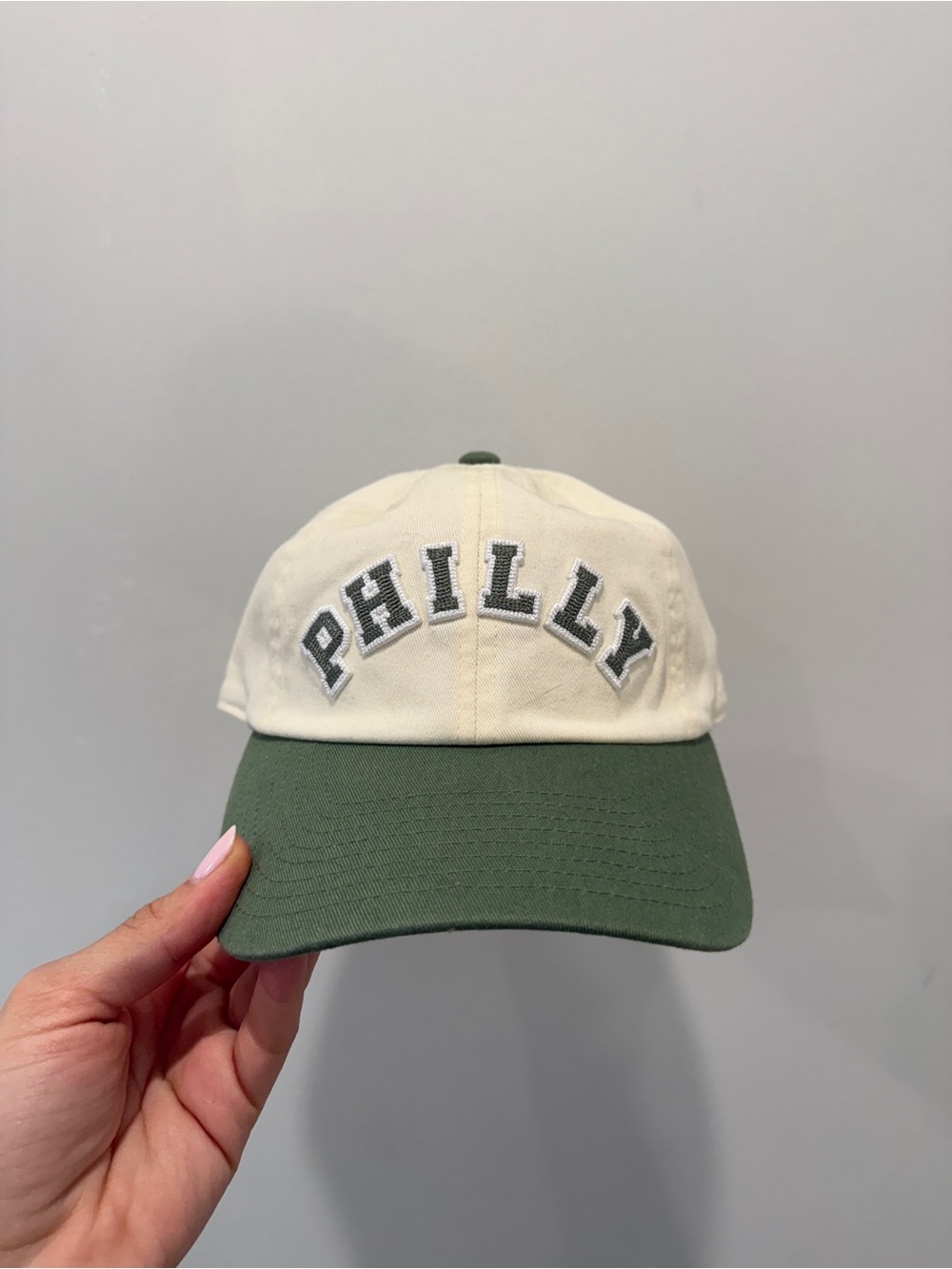 Free People Philly Baseball Cap in Cream and Olive Green